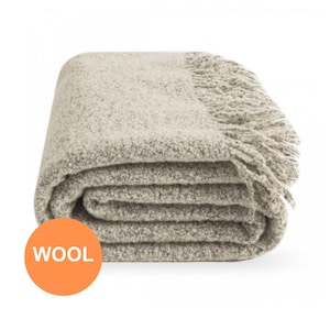 Ivory Grey Bouclé Wool Throw Blanket – 55x79 in (140x200 cm), Warm & Cozy Sofa or Garden Plaid with Fringes – Neutral Solid Color