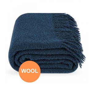 Dark Blue Bouclé Wool Throw Blanket – 55x79 in (140x200 cm), Warm & Cozy Sofa or Garden Plaid with Fringes – Solid Color, High Quality