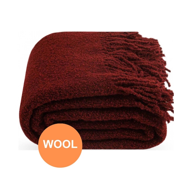 Manta de lana bouclé rojo oscuro con flecos, 55 x 79 pulgadas (140 x 200 cm)