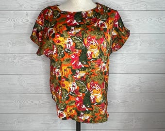 80er Vintage Blumenbluse orange/grün Kurzarm Cottagecore Größe M
