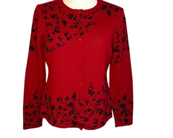 Vintage 90er Jahre Rena Rowan Strickjacke in rot mit schwarzer Stickerei