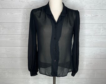 Stitches by Marjorie de Martino 80’s black sheer button up blouse size 9