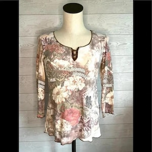 One World vintage Y2K 3/4 sleeve buttefly/floral print tunic top Size medium