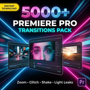 Peut inclure: Image promotionnelle pour un pack de transitions Premiere Pro. L'image présente trois écrans affichant des interfaces de montage vidéo avec divers effets visuels. Le texte comprend "5000+ Premiere Pro Transitions Pack" et des effets comme "Zoom, Glitch, Shake, Light Leaks."