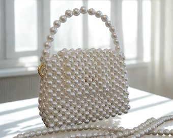 Perlenbeutel - Perlen Braut Tasche - Weiße Perlentasche - Hochzeitstasche - Brautjungfer Geschenk Tasche - Brautperlentasche - Perlen-Schultertasche - Abendtasche