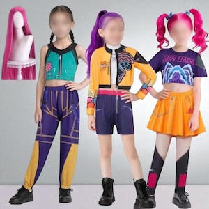 Kids Rumi Mira Zoey Cosplay Kpop Demon Hunters Costume for Kids – Zoey Anime Cosplay Outfit with Wig – Rumi Mira Roleplay Set Halloween Kid