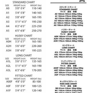 May include: A black and white Shoyoroll size chart featuring columns for Standard, Husky, Long, and Fitted categories. The text displays height in inches and weight in pounds on the left, with metric conversions in centimeters and kilograms on the right.
