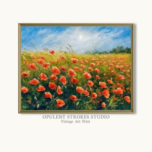 Vibrant Poppy Field Painting Print - Bright Floral Wall Art - Summer Meadow Landscape Decor - Red Flower Giclée