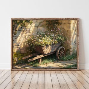 Rustic Cottage Garden Wall Art | Digital Download Vintage Floral Wheelbarrow Painting | Farmhouse Decor | Country Chic Printable Artwork