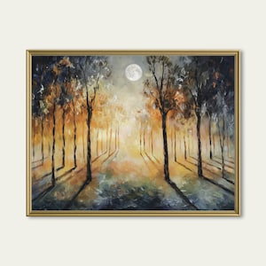 Moonlight Forest Print, Full Moon Landscape Art, Glowing Trees Painting, Night Scene Wall Decor, Printable Fantasy Gift