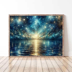 Celestial Ocean Wall Art - Sternenklarer Nachthimmel über Wasser Digitale Malerei | Kosmischer Meeresdruck | Verträumte Blaue Galaxie Kunst für Schlafzimmer Dekor