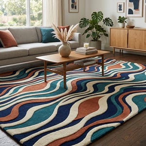 Luxury Hand Tufted Wave Rug navy blue, teal, turquoise, terracotta, rust, and ivory tones. Rug for Living Room, Bedroom and Guest Room.