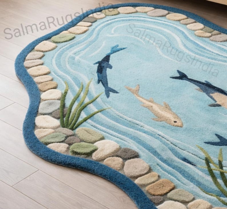 Aquatic Rug Irregular Aquatic Rug Featuring Koi Fish Design Organic Pond Rug ...