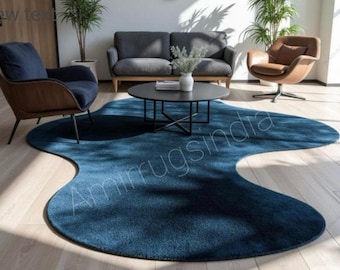 Handmade Irregular Wool Rug: Abstract Turquoise Design