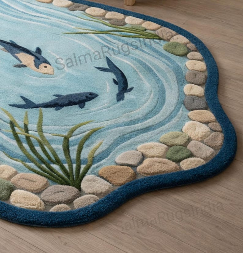 Water Rug Round Irregular Aquatic Rug Featuring Koi Fish Design Organic Pond Rug ...