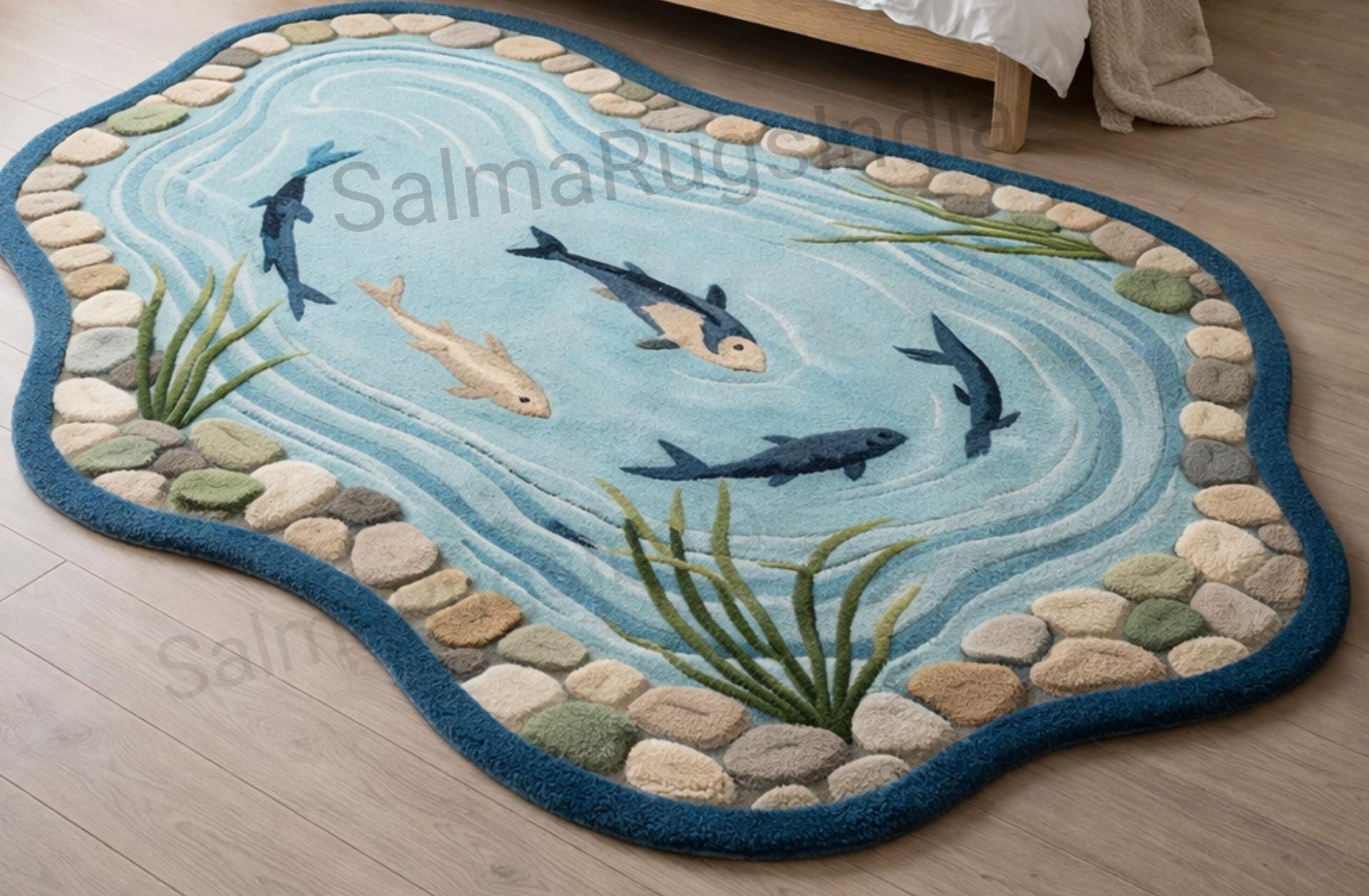 Aquatic Rug Irregular Aquatic Rug Featuring Koi Fish Design Organic Pond Rug ...