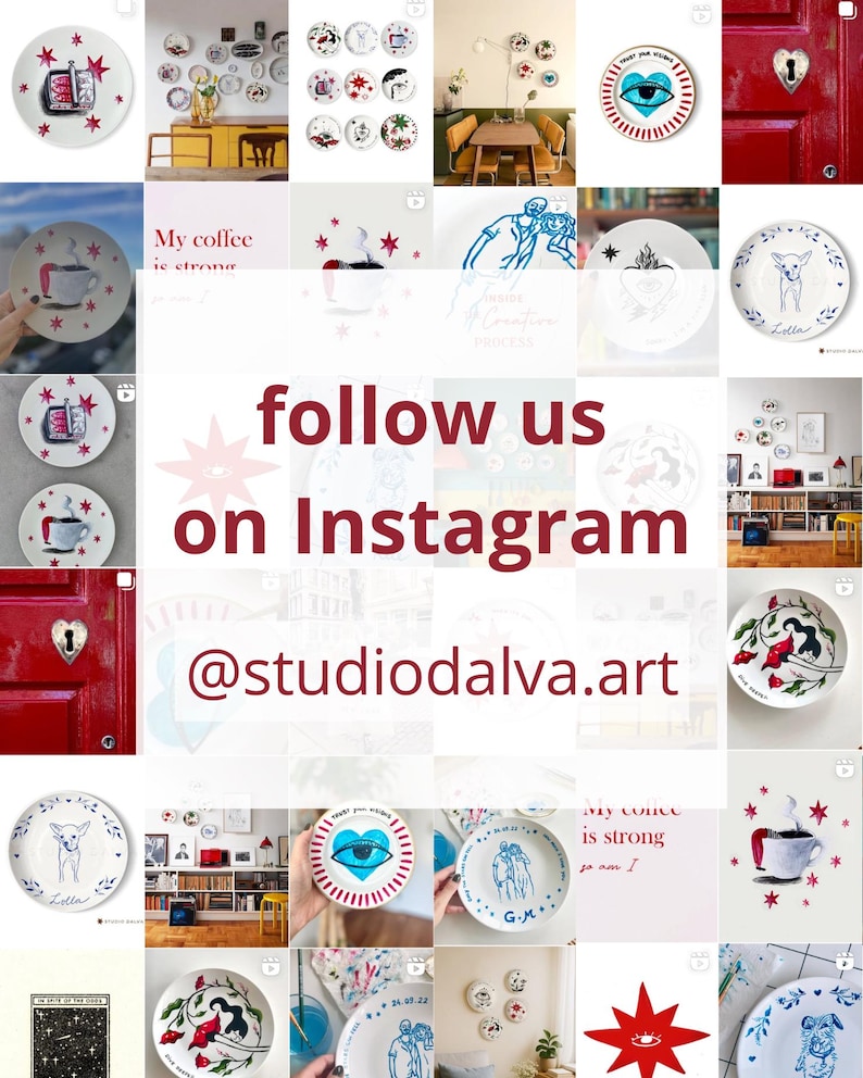 A collage of white ceramic plates featuring various hand-painted illustrations including coffee cups, hearts, eyes, and animals, overlaid with the maroon text follow us on Instagram @studiodalva.art centered on the image.