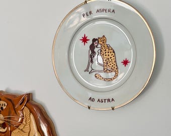 Celestial Feminine Wall Art, Per Aspera Ad Astra Decor, Hand Painted Astrology Plate, Leopard Goddess Art, Vintage Porcelain Gift