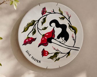 Hand Painted Wall Plate feminine Decor, Porcelain Wall Plate Art, Unique Kitchen Wall Decor, Whimsical Wall Hanging