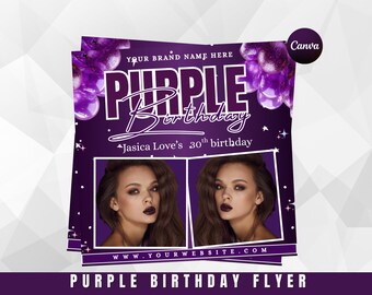 May include: Purple birthday flyer with the text "Purple Birthday" and "Jasica Love's 30th birthday." The flyer features a photo of a woman and purple balloon graphics. The website address is visible at the bottom.