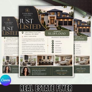 Op de afbeelding: Een vastgoedflyer voor Evergreen Estates Realty met een grote afbeelding van een huis, de tekst Just Listed, het adres 2486 Willow Crest Lane, Charlotte, NC 28210, een prijs van $1.185.000, kenmerken, interieurfoto's en makelaar Olivia Bennett.