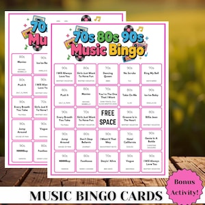 May include: Two music bingo cards with a colourful 70s, 80s, and 90s theme. Each card features song titles and artist names, with a "Free Space" in the centre. The cards are designed for a fun music-themed activity.