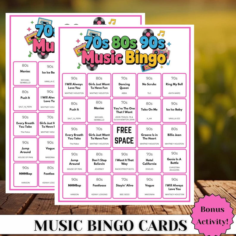 May include: Two music bingo cards with a colourful 70s, 80s, and 90s theme. Each card features song titles and artist names, with a "Free Space" in the centre. The cards are designed for a fun music-themed activity.
