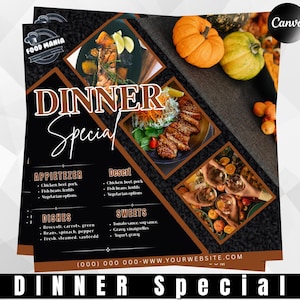 Folleto de cena especial / Plantilla de Canva para menú de restaurante editable / Folleto de oferta de comida / Diseño imprimible para promoción de cena semanal en redes sociales