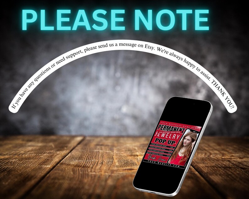 Puede incluir: Un tel&eacute;fono inteligente muestra un anuncio rojo y negro para un evento emergente de joyer&iacute;a permanente. El tel&eacute;fono descansa sobre una superficie de madera, con las palabras "PLEASE NOTE" en turquesa arriba. Texto adicional fomenta consultas a trav&eacute;s de mensajes de Etsy.