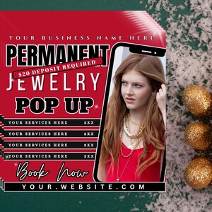 Puede incluir: Un folleto promocional rojo y negro para un evento emergente de joyer&iacute;a permanente. El folleto presenta el texto "PERMANENT JEWELRY POP UP" e incluye una foto de una persona que usa joyas. Tambi&eacute;n se incluye la direcci&oacute;n del sitio web.