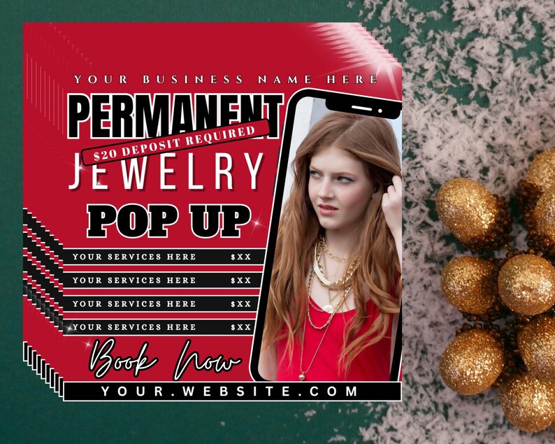 Puede incluir: Un folleto promocional rojo y negro para un evento emergente de joyer&iacute;a permanente. El folleto presenta el texto "PERMANENT JEWELRY POP UP" e incluye una foto de una persona que usa joyas. Tambi&eacute;n se incluye la direcci&oacute;n del sitio web.