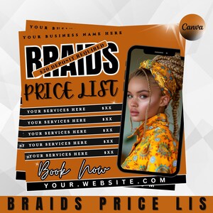 Braids Pricelist Flyer Template: Hair Salon Pricing, Editable Canva Design (Digital Download)