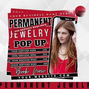 Puede incluir: Un folleto promocional para un evento emergente de joyer&iacute;a permanente. El dise&ntilde;o presenta una combinaci&oacute;n de colores rojo y negro con las palabras "PERMANENT JEWELRY POP UP" en letras grandes y en negrita. Una foto de una persona con collares de oro est&aacute; a la derecha.
