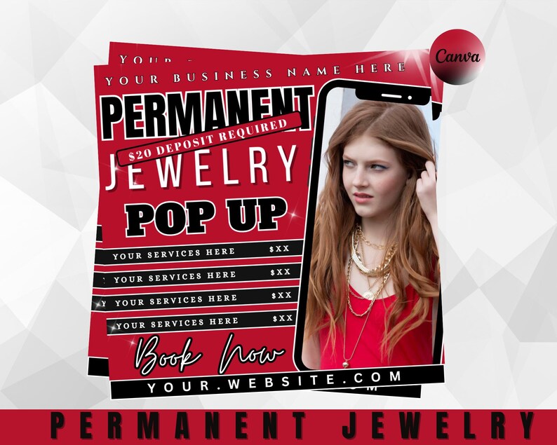 Puede incluir: Un folleto promocional para un evento emergente de joyer&iacute;a permanente. El dise&ntilde;o presenta una combinaci&oacute;n de colores rojo y negro con las palabras "PERMANENT JEWELRY POP UP" en letras grandes y en negrita. Una foto de una persona con collares de oro est&aacute; a la derecha.