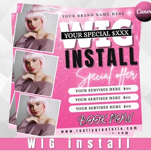 Wig Install Flyer: Hair Salon Social Media Template (Canva Editable, 1080x1080 px)