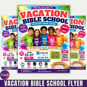 May include: A Vacation Bible School flyer featuring five children in colorful shirts. Text includes 'VACATION BIBLE SCHOOL', 'DISCOVER, GROW, SHINE!', 'JUNE 23-27 2026', '9:00 AM TO 12:00 PM', 'ALL KIDS AGES 4-12 WELCOME', and 'FAITH HOPE LOVE CHURCH'.
