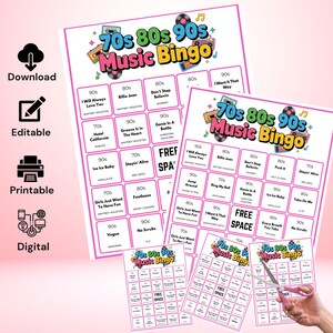 May include: A set of pink and white 70s, 80s, and 90s Music Bingo game sheets. The sheets feature song titles from the 70s, 80s, and 90s. The image also includes icons for download, editable, printable, and digital formats.