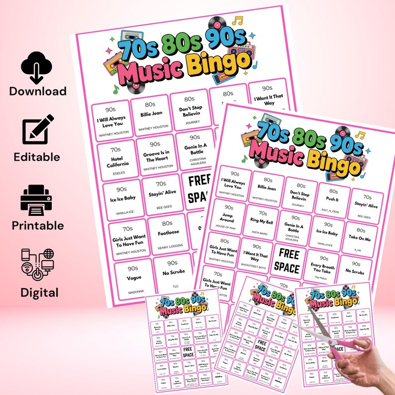 May include: A set of pink and white 70s, 80s, and 90s Music Bingo game sheets. The sheets feature song titles from the 70s, 80s, and 90s. The image also includes icons for download, editable, printable, and digital formats.