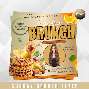 Puede incluir: Un folleto para un evento de brunch dominical. El diseño presenta las palabras "Sunday Brunch" en letras grandes de color naranja. Incluye imágenes de gofres, fruta y una mujer. El folleto también tiene el texto "Endless Bottomless Mimosas."