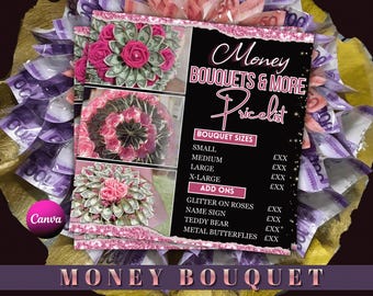 Folleto de lista de precios de ramos de dinero, lista de precios editable de flores de dinero, folleto de flores DIY, reserva de graduación, descarga digital, folleto de Navidad