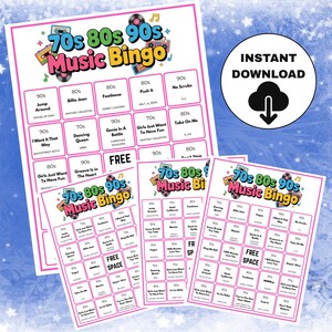 May include: Printable 70s, 80s, and 90s Music Bingo game sheets. The design includes musical notes, cassette tapes, and the text "Instant Download". Each bingo card features song titles from the 70s, 80s, and 90s. Ideal for parties.