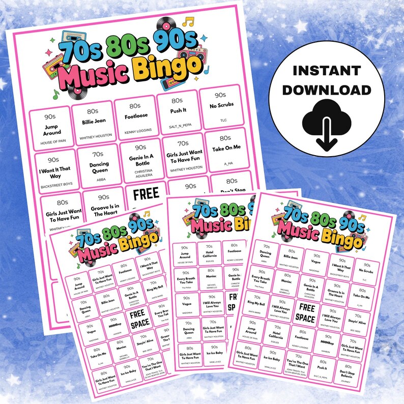May include: Printable 70s, 80s, and 90s Music Bingo game sheets. The design includes musical notes, cassette tapes, and the text "Instant Download". Each bingo card features song titles from the 70s, 80s, and 90s. Ideal for parties.
