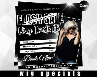 Wig Flash Sale Flyer | Editable Hair Salon Flash Sale Canva Template | Wig Install Business Promotion | Printable Wig Discount Flyer