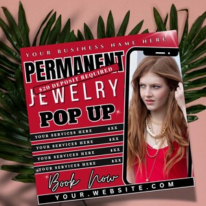 Puede incluir: Un folleto promocional rojo para un evento emergente de joyer&iacute;a permanente. El folleto presenta el texto "PERMANENT JEWELRY POP UP" y "Book Now". Una foto de una mujer con collares de oro est&aacute; a la derecha. El fondo es rosa con hojas verdes.