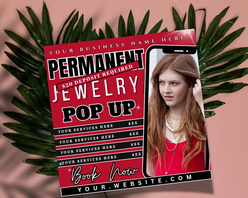 Puede incluir: Un folleto promocional rojo para un evento emergente de joyer&iacute;a permanente. El folleto presenta el texto "PERMANENT JEWELRY POP UP" y "Book Now". Una foto de una mujer con collares de oro est&aacute; a la derecha. El fondo es rosa con hojas verdes.