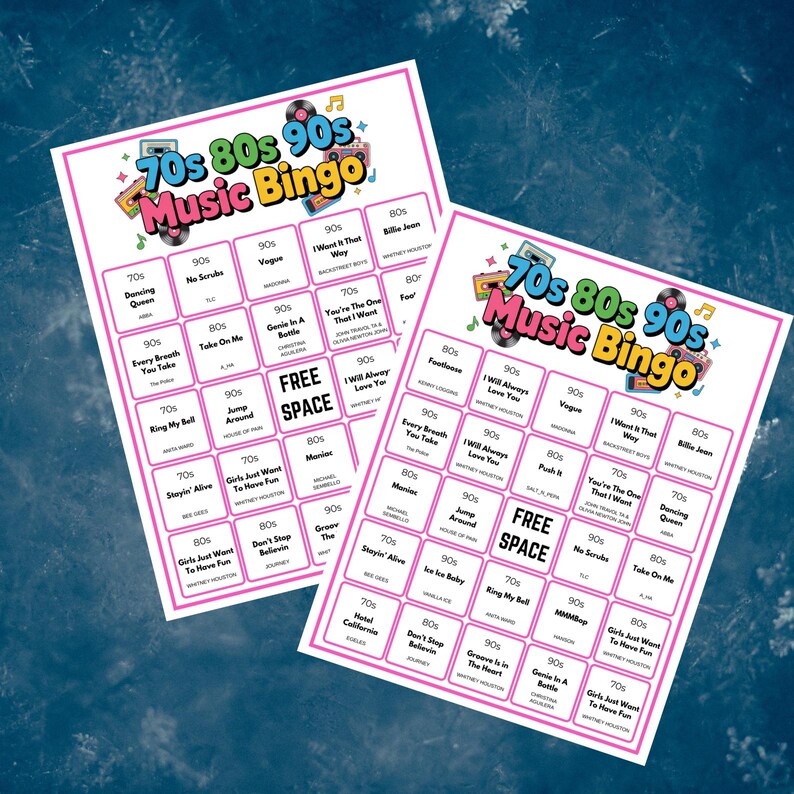 May include: Two 70s, 80s, 90s Music Bingo game cards. Each card has a pink border and features song titles from the 70s, 80s, and 90s. The top of each card reads "70s 80s 90s Music Bingo" in colourful text.