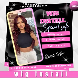 Wig Install Booking Flyer Template: Salon Promo, Editable Canva Design (1080x1080 px) (Digital Download