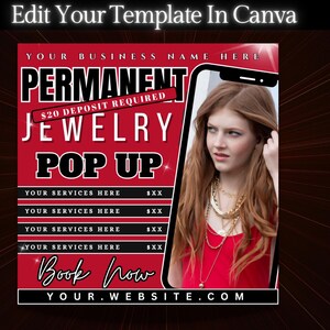 Puede incluir: Un gr&aacute;fico promocional para un evento emergente de joyer&iacute;a permanente. El dise&ntilde;o presenta una combinaci&oacute;n de colores rojo y blanco con las palabras "PERMANENT JEWELRY POP UP" en negrita. Una mujer que lleva collares de oro se muestra en la pantalla de un tel&eacute;fono inteligente. El gr&aacute;fico incluye el texto "Book Now".