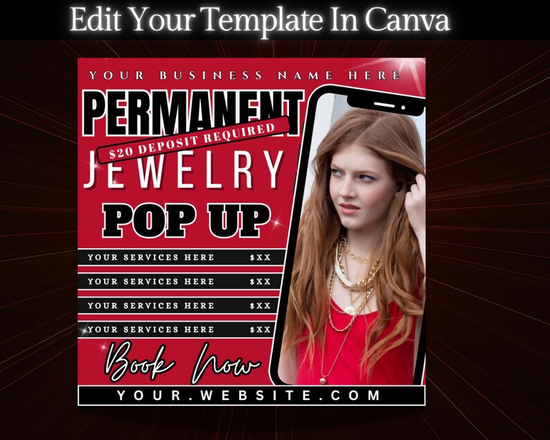 Puede incluir: Un gr&aacute;fico promocional para un evento emergente de joyer&iacute;a permanente. El dise&ntilde;o presenta una combinaci&oacute;n de colores rojo y blanco con las palabras "PERMANENT JEWELRY POP UP" en negrita. Una mujer que lleva collares de oro se muestra en la pantalla de un tel&eacute;fono inteligente. El gr&aacute;fico incluye el texto "Book Now".