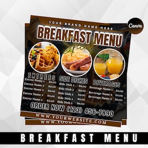 May include: A breakfast menu design in brown and black. The menu displays images of waffles, sausages, and orange juice. Text includes "BREAKFAST MENU SPECIAL" and a phone number. The website address is also visible.